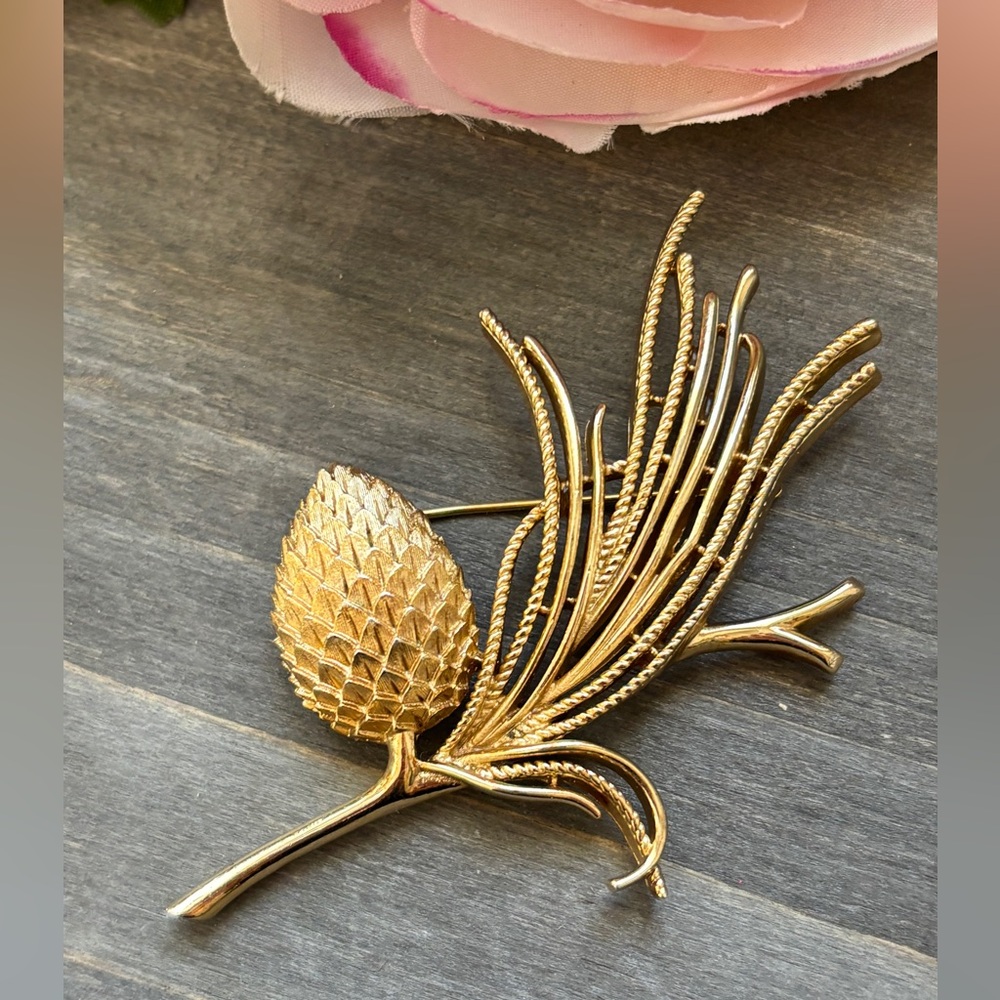 Trifari Alfred Philippe 'Egrets' Golden Pinecone Branch Brooch, Signed
